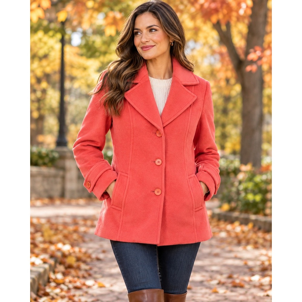 Talbots Coral Pink Wool Alpaca Blend Quilted Lined Peacoat Jacket Womens 6
